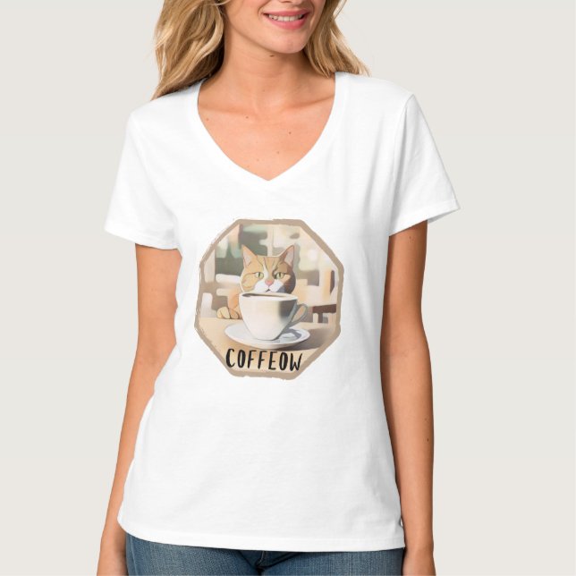 Coffeow Busy Cute Cat T-Shirt (Front)