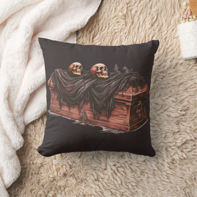 Coffin and Skulls Black Happy Halloween Throw Pillow (Blanket)