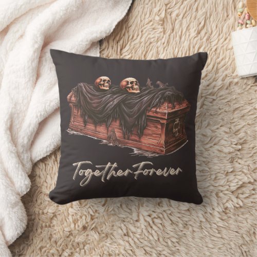Coffin and Skulls Black Together Forever Halloween Throw Pillow