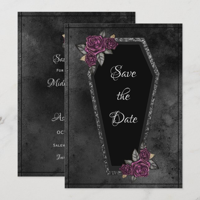 Coffin Black Grey Roses Sparkle Halloween  Save The Date (Front/Back)