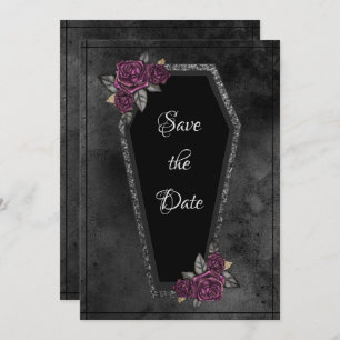 Coffin Black Grey Roses Sparkle Halloween  Save The Date