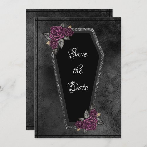 Coffin Black Grey Roses Sparkle Halloween  Save The Date
