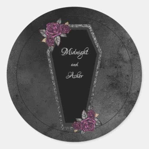 Coffin Black Grey Roses Sparkle Halloween Wedding  Classic Round Sticker