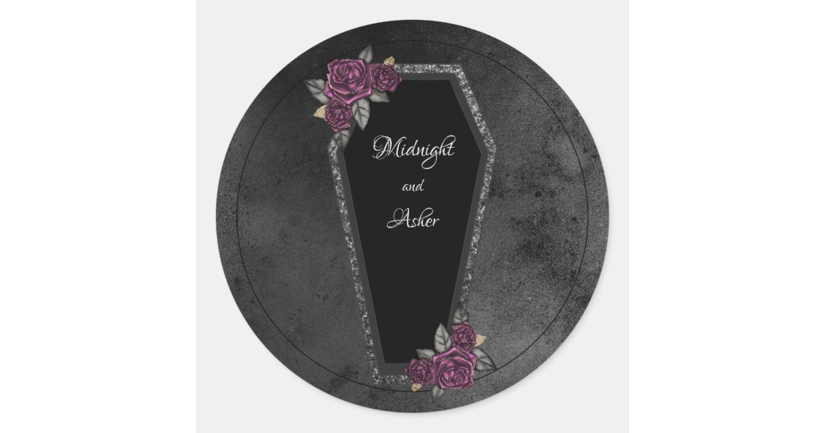 Coffin Black Grey Roses Sparkle Halloween Wedding Classic Round Sticker ...