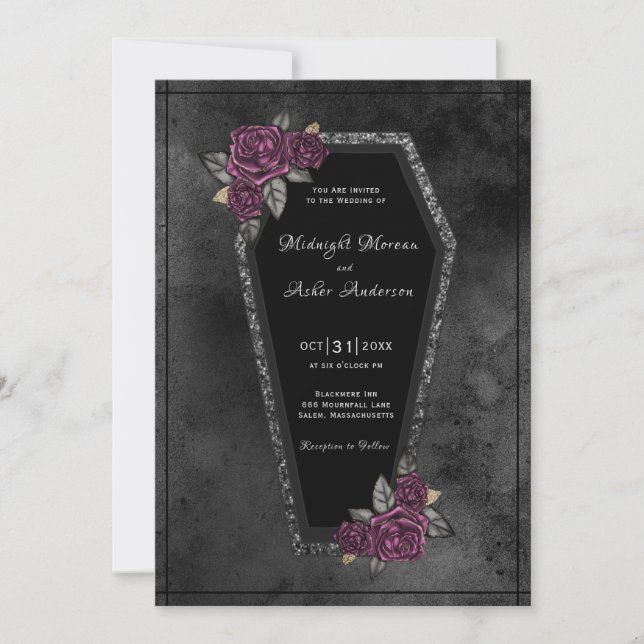 Coffin Black Grey Roses Sparkle Halloween Wedding Invitation (Front)