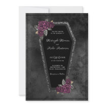 Coffin Black Grey Roses Sparkle Halloween Wedding Invitation