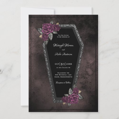 Coffin Black Grey Roses Sparkle Halloween Wedding  Invitation