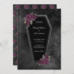 Coffin Black Grey Roses Sparkle Halloween Wedding Invitation