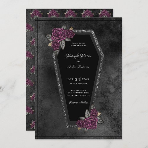 Coffin Black Grey Roses Sparkle Halloween Wedding  Invitation