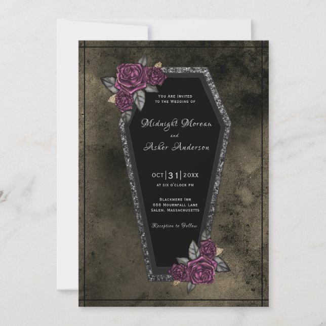 Coffin Black Roses Sparkle Halloween Wedding Invitation (Front)