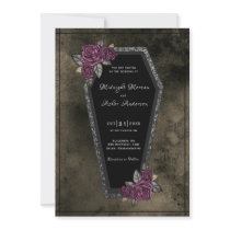 Coffin Black Roses Sparkle Halloween Wedding Invitation