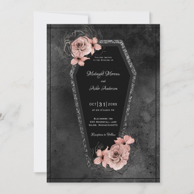 Coffin Black Roses Sparkle Halloween Wedding  Invitation (Front)