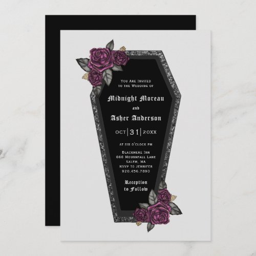 Coffin Roses Sparkle Halloween Wedding Invitation