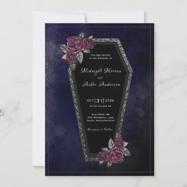 Coffin Roses Sparkle Navy Blue Halloween Wedding  Invitation (Front)