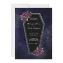 Coffin Roses Sparkle Navy Blue Halloween Wedding  Invitation