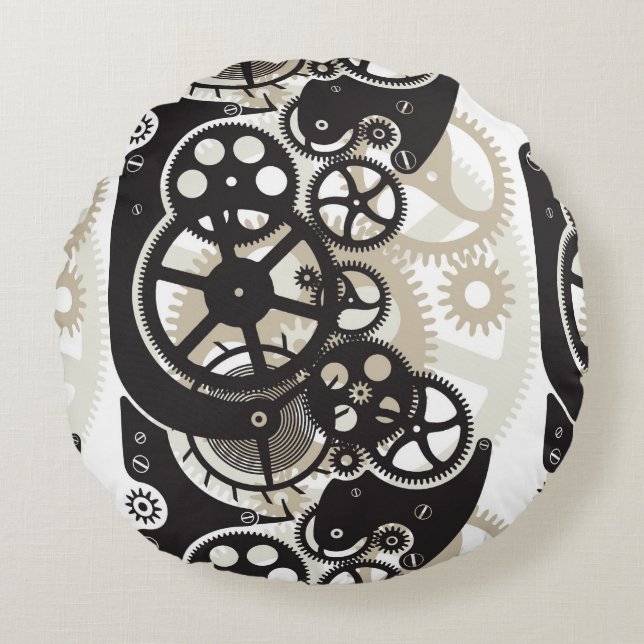 Cog wheels work round pillow (Front)
