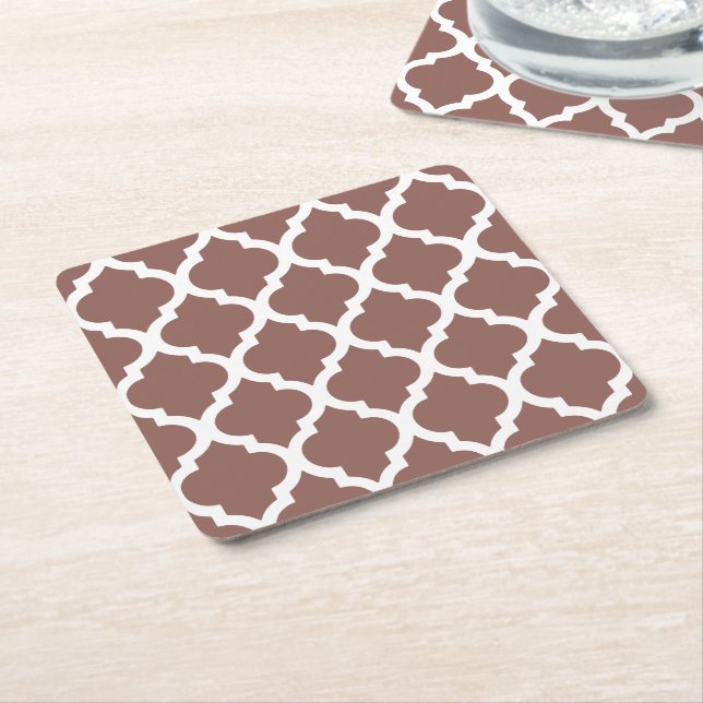 Cognac Leather Brown Moroccan Tile Trellis Square Paper Coaster (Angled)