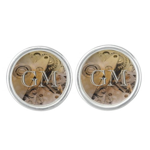 Cogs 3 Mechanical Monogram Personalized Cufflinks