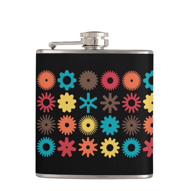 Cogs - Colors 02 - on Black Hip Flask (Front)