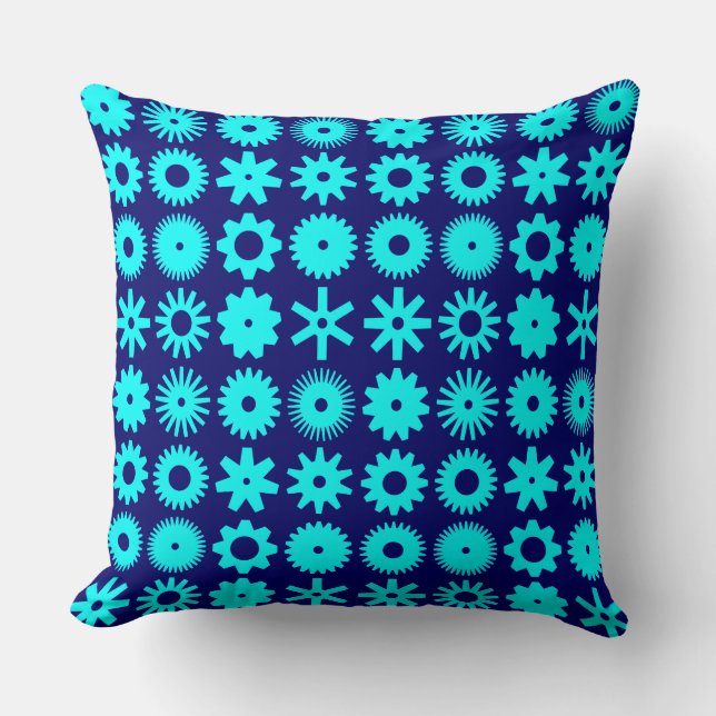 Cogs - Cyan on Deep Navy Throw Pillow (Front)