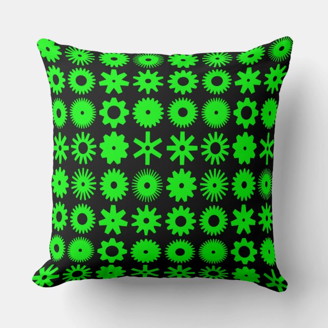 Cogs - Green on Black Throw Pillow (Front)