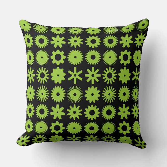 Cogs - Martian Green on Black Throw Pillow (Front)