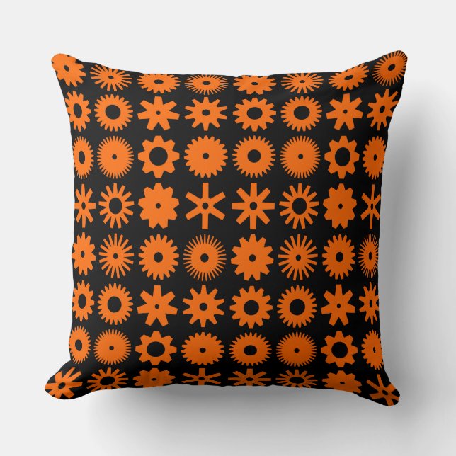 Cogs - Orange on Black Throw Pillow (Front)