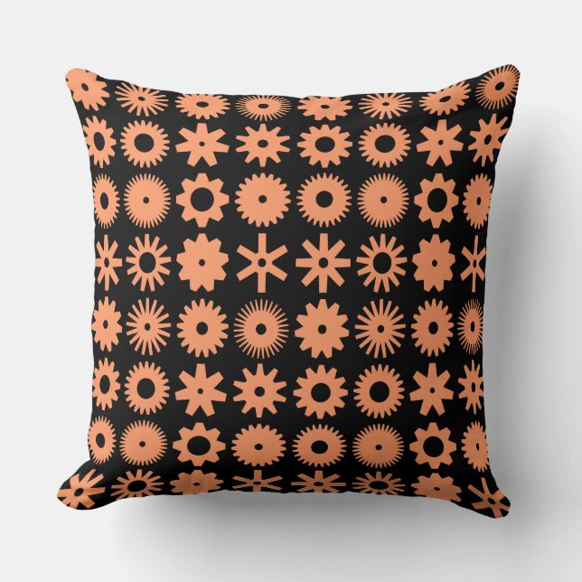 Cogs - Peach on Black Throw Pillow (Front)