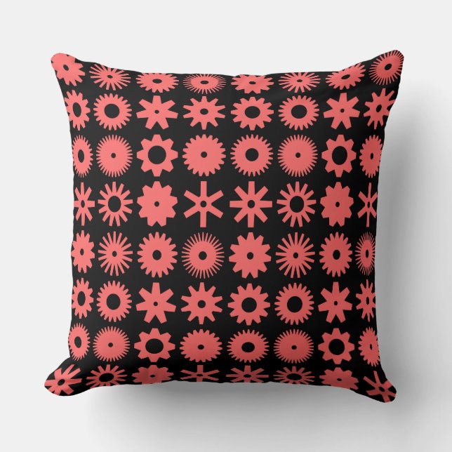 Cogs - Tropical Pink on Black Throw Pillow (Front)
