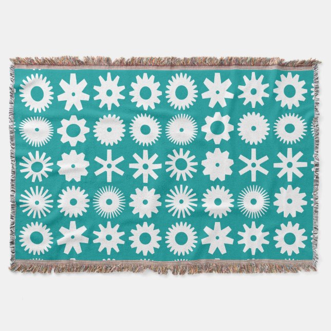 Cogs - White on Deep Turquoise Throw Blanket (Front)