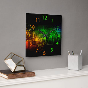 Cogwheels mechanics black neo green orange square wall clock