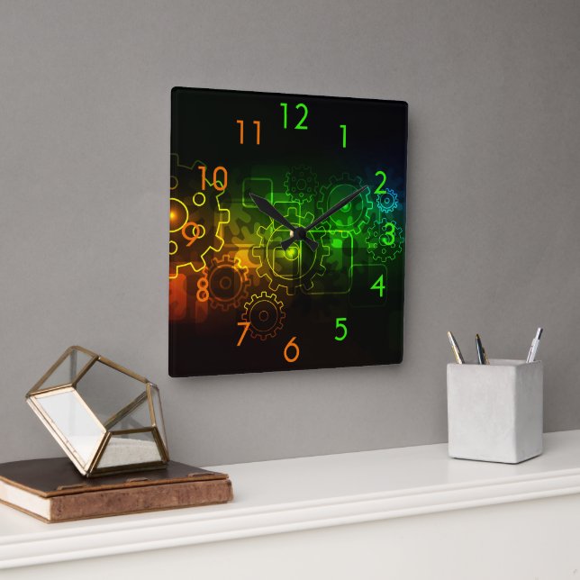 Cogwheels mechanics black neo green orange  square wall clock (Office)