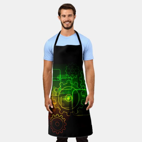 Cogwheels mechanics black neon green orange men apron