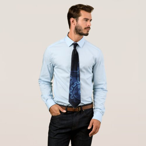 Cogwheels mechanics on blue and black neck tie