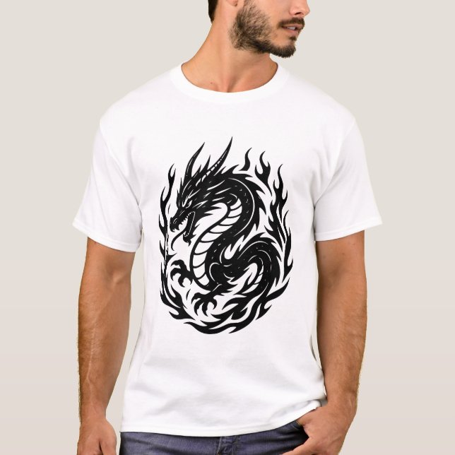 Coiled Fire Dragon Tattoo Style T-Shirt (Front)