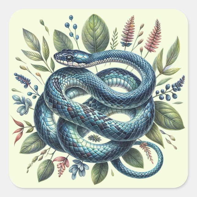 Coiled Snake Botanical Watercolor Art Square Sticker (Front)