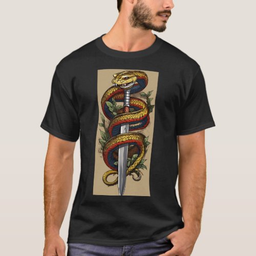 Coiled Snake Dagger Tattoo Design Basic T_Shirt