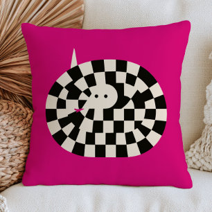 Coiled Snake in Checkered Pattern Funky Maximalist Throw Pillow