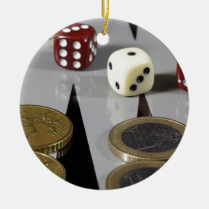 Coins on a backgammon board ceramic ornament