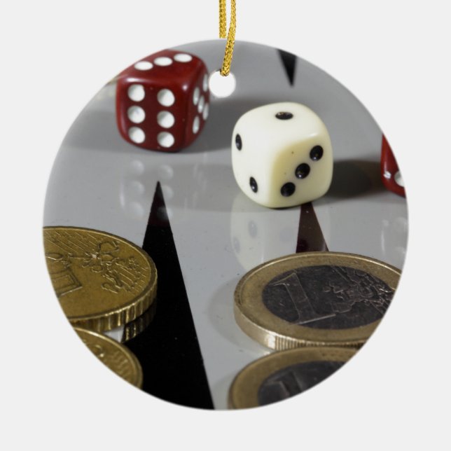 Coins on a backgammon board ceramic ornament (Front)