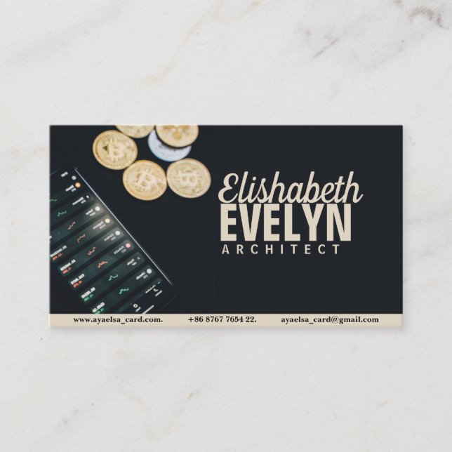 Coins scattered near smartphone with financial business card (Front)