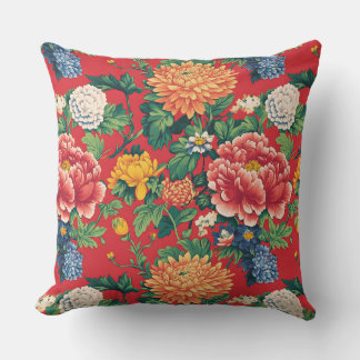 Coiorful Chinese Peony Floral Throw Pillow