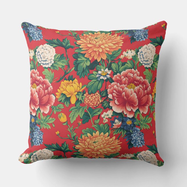 Coiorful Chinese Peony Floral Throw Pillow (Front)
