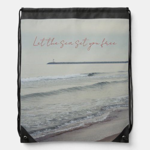 Cold calm sea on a winter day drawstring bag