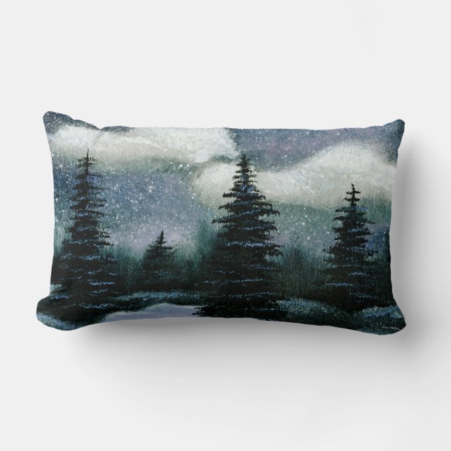 Cold Dark Winter Night, Lovely Snowy Landscape Lumbar Pillow (Front)