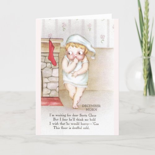 Cold Kid Waiting for Santa Claus Vintage Christmas Holiday Card