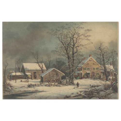 Cold Morning Farm Scene Currier  Ives Decoupage Tissue Paper