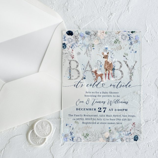 Cold outside Blue Winter Floral Deer Baby Shower Acrylic Invitations (Creator Uploaded)