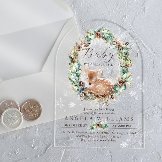 Cold outside Blue Winter Floral Deer Baby Shower Acrylic Invitations (Creator Uploaded)