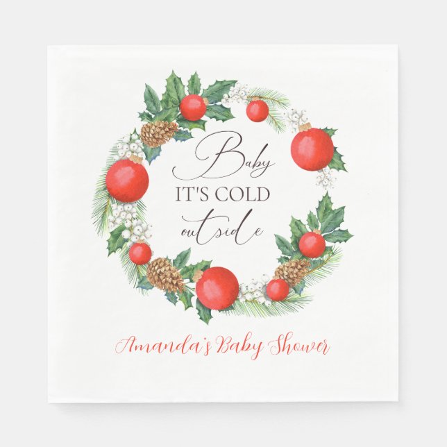Cold Outside Christmas Wreath Winter Baby Shower Napkins (Front)